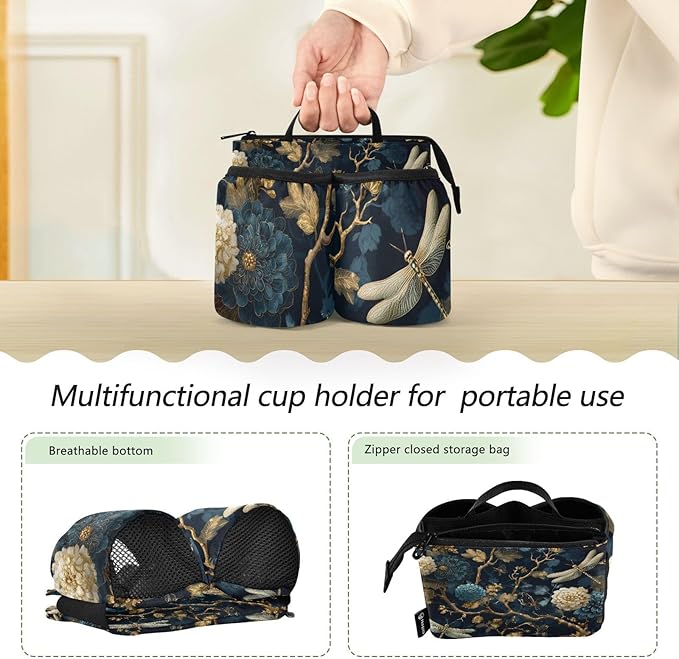 Luggage Cup Holder for Suitcases Free Hands Suitcase Cup Holder Travel Luggage Drink Holder Portable Luggage Cup Caddy Bag Carrier with Handle Mystical Flowers and Dragonflies