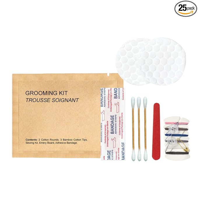 World Amenities Kraft Paper Grooming Kit - Travel Size Toiletries - Cotton Rounds, Bamboo Cotton Tips, Sewing Kit, Emery Board (25 Pack)