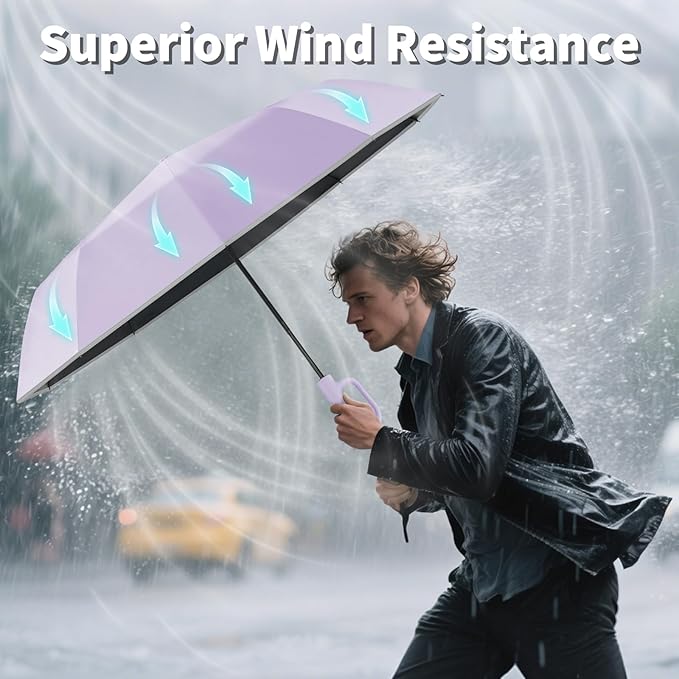 Seniny Travel Umbrella with Carabiner Handle, Windproof Large Umbrellas for Rain with Dual-Rib Structure, Portable Compact Umbrella with Reflective Strip, Car Backpack UV Umbrellas for Sun Protection