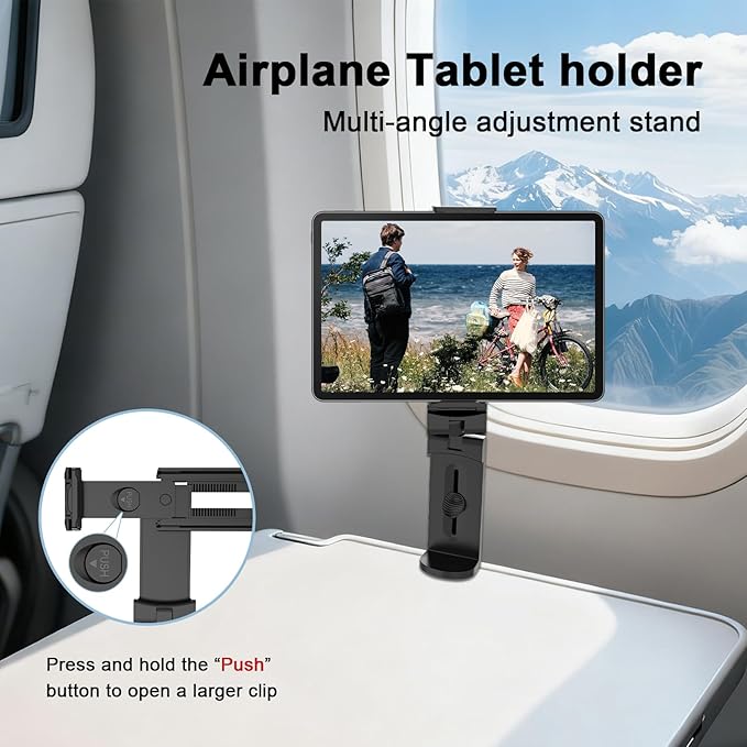 Airplane Tablet Holder Mount, 360 Degree Rotating Hands-Free Travel Stand, Max 7.6” Adjustable Clamp Opening, Compatible with iPad/Galaxy Tab (Not for iPad 12.9”/13”)