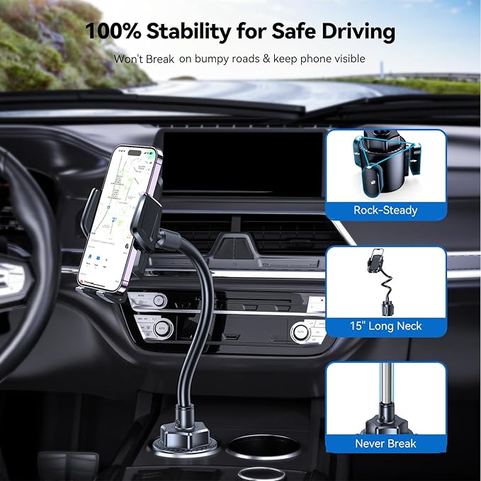 TECKNET Cup Phone Holder for Car - Adjustable Gooseneck Cup Holder Phone Holders with Air Vent Holders & Expandable Base, Cupholder Phones Mount for iPhone 17/16 Pro Max and All Cell Phones, Car Model
