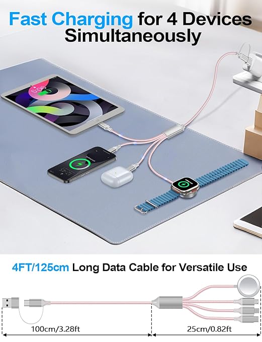 Travel Essentials,Multi Charging Cable for Apple Watch Charger/iPhone Charger/Samsung Charger,USB A & Type C Power Cable for iWatch Ultra/10-2/iPhone 17-11/Samsung S26,Serial Cables,Car[1.2M]-Pink