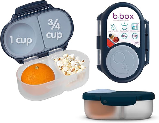 b.box Snack Box - Leakproof Mini Bento Box for Kids & Toddlers, 2 Compartment Snack Containers for Kids, Lunch Containers, Dishwasher Safe, BPA Free, PFAS Free, Ages 4m+, 1 3/4 Cup - Midnight