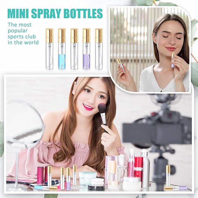 Zhehao 10 Pcs Mini Spray Bottles 5 ml Clear Glass Perfume Bottles Refillable Fine Mist Perfume Atomizer Portable Empty Sample Containers for Cleaning, Essential Oils, Travel (Gold Cap)