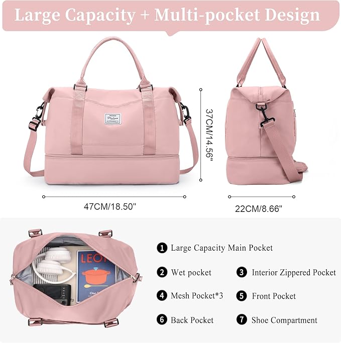 Travel Duffle Bag with Shoe Compartment,Weekender Bags for Women, Carry on Overnight Bag with Toiletry Bag,Gym Duffel Bag with Wet Pocket