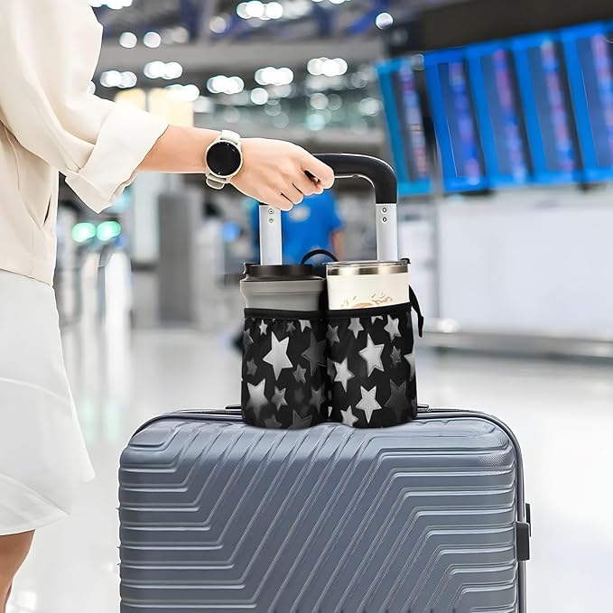 Luggage Cup Holder for Suitcases Free Hands Suitcase Cup Holder Travel Luggage Drink Holder Portable Luggage Cup Caddy Bag Carrier with Handle Silver and Grey Stars