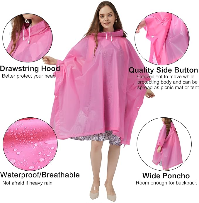 Rain Ponchos for Adults, 2 Pack Raincoats Jacket Reusbale with Drawstring Hood Sleeves for Women Men