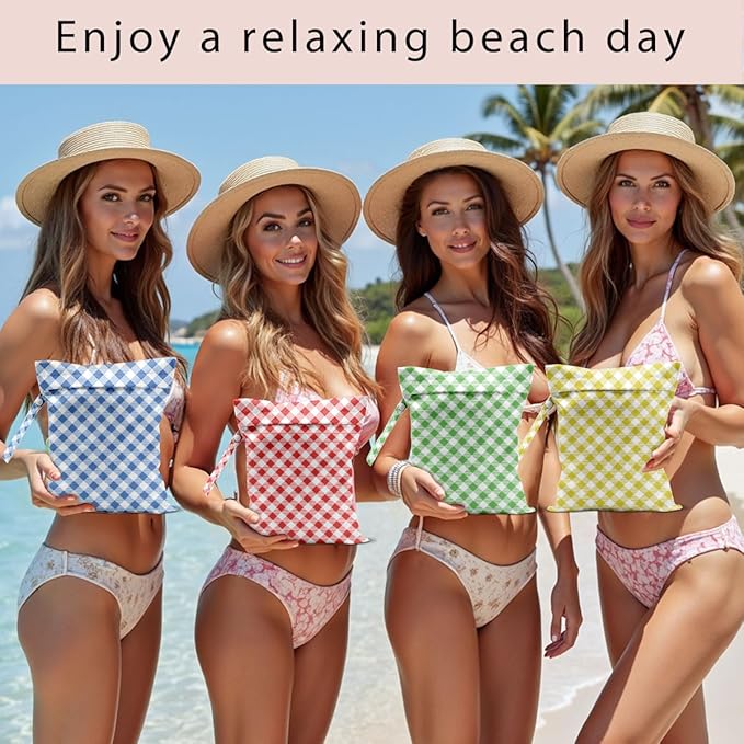 Wet Bag, 4Pcs Wet Dry Bag Set, Waterproof Reusable Bags with Four-Tone Plaid Prints for Women, Perfect for Beach Vacations, Pool Days & Travel