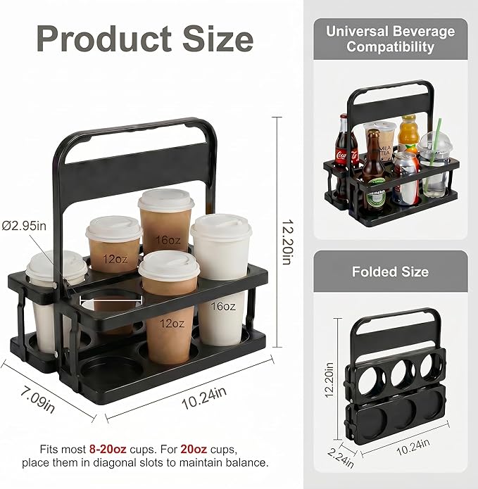 6 Cup Drink Carrier for Delivery - Foldable Drink Holder with Handle, Reusable Cup Carrier for Drinks, Portable Beverage Caddy Accessories for Parties, Camping, Car, Coffee & Bottles (Black)