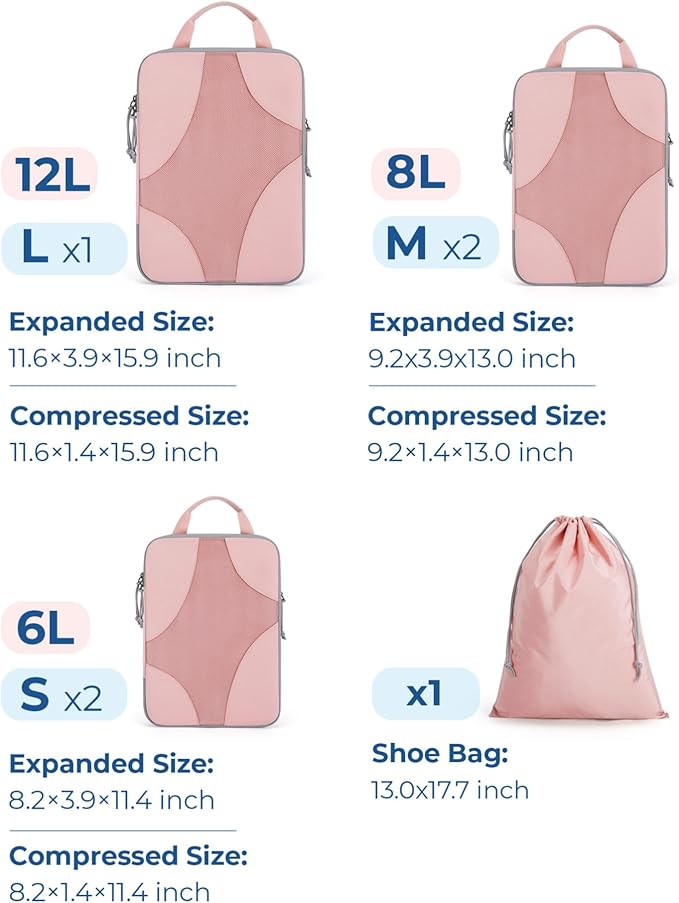 BAGSMART Compression Packing Cubes for Travel, 6 Set/14 Set Compressible Luggage Organizer for Cruise Ship, Lightweight Travel Essentials (1L+2M+2S+Shoe bag+Drawstring bag+Toiletry bag+6Plastic bags)