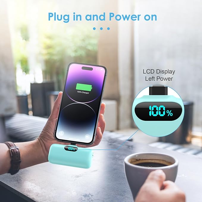 Mini Portable Charger USB C Power Bank,5000mAh PD Fast Charging Battery Pack Built-in USB-C Connector Travel Essential for iPhone17/17Pro/17Pro Max/Air/16 Plus/16Pro Max/15 Series,Android Green
