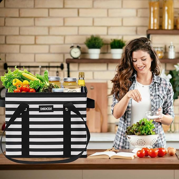 Reusable Grocery Bags 3 Pack - Heavy Duty Reusable Shopping Bags with Hard Bottom & Long Handles, Foldable Utility Tote Bag with Box Shape to Stand Up, 13x10.23x11in, Stripe Black
