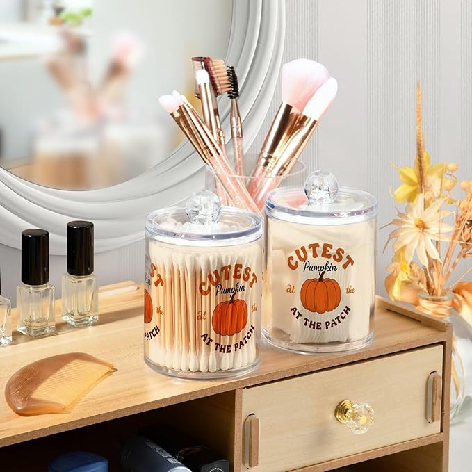 Gredecor 2 Pack Apothecary Jars with Lid Cutest Pumpkin Qtip Holder Dispenser Storage Containers Clear Plastic Cute Rustic Fall Autumn Thanksgiving Theme Canisters for Bathroom Vanity Organization