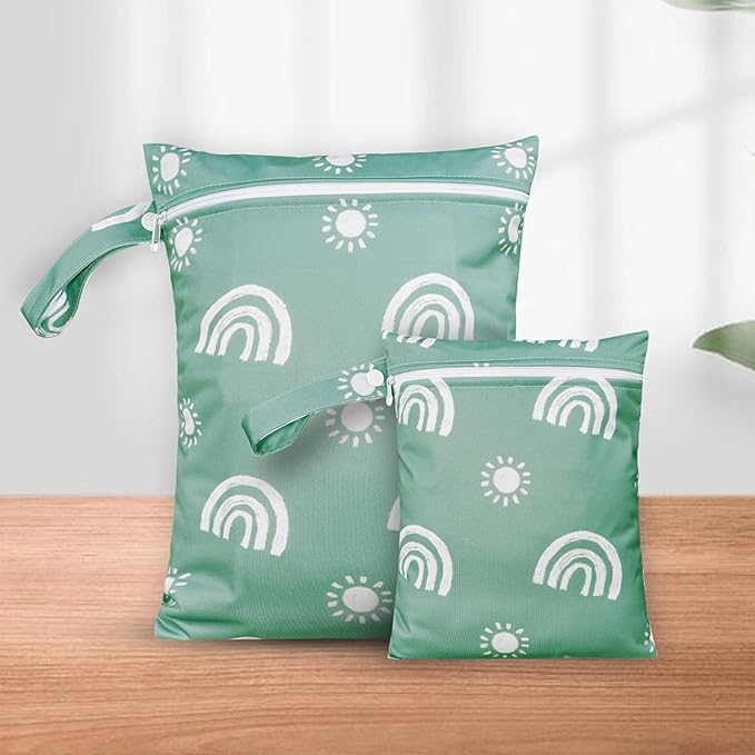 2 Pcs Wet Bags Waterproof Reusable Zippered Pocket Cloth Diaper Wet Dry Bags for Travel Beach Pool Swim, Baby Diapers,Gym Yoga Wet Clothes,Swimsuit,water wipes(Rainbow Green)