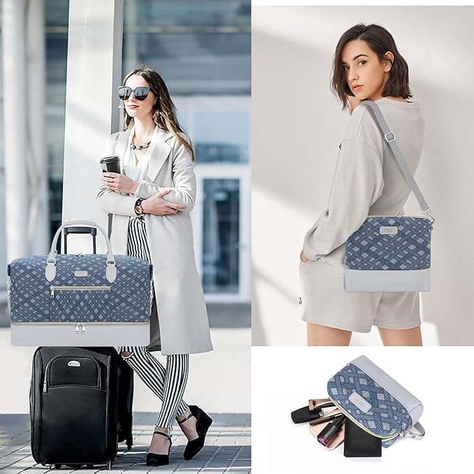 ITIEZY Weekender Overnight Bag for Women - Large Travel Duffel Bag with Shoe Compartment, Gym Duffel Bag Hospital Bag Carry On Tote Bags for Airplanes with Crossbody Bag Toiletry Bag 3Pcs Set
