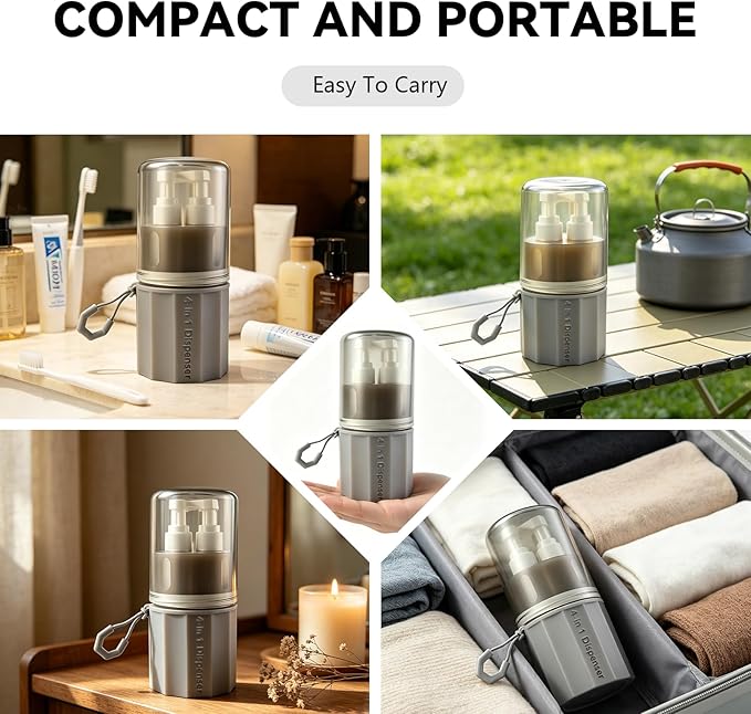 4 in 1 Travel Dispenser，Unbreakable Silicone Travel Dispenser Bottle, Vacuum Suction Wall Mounted Refillable Containers,Leakproof Toiletry Containers for Shampoo, Lotion, Baby Care-Grey.