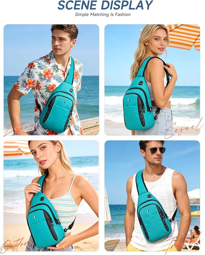 Anti-Theft Sling Bag for Women, Water Resistant Crossbody Backpack, Travel Hiking Chest Pack, Summer Travel Essentials for Beach, Theme Park & College, Fits 11 inch iPad & Switch 2, Turquoise
