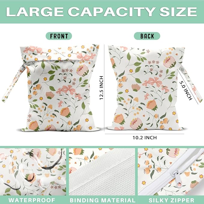 Flower Wet Dry Bags for Diaper Waterproof Swimsuit Washable Reusable Bag for Beach Diapers Dirty Yoga Gym Clothes Plant Gifts for Men Women Friend 12.5x10.2 Inches