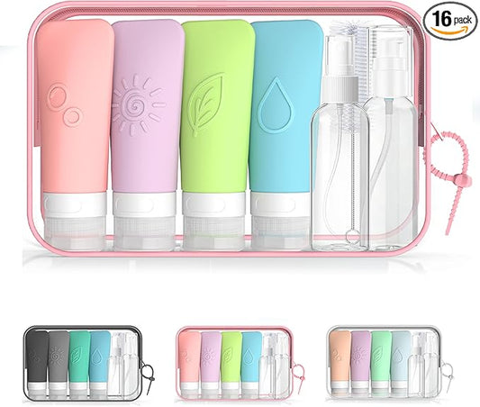 16-Piece Silicone Travel Bottles Set – TSA Approved Leakproof Toiletry Kit with Flat Easy-Squeeze Bottles, Pump & Spray, Waterproof Bag