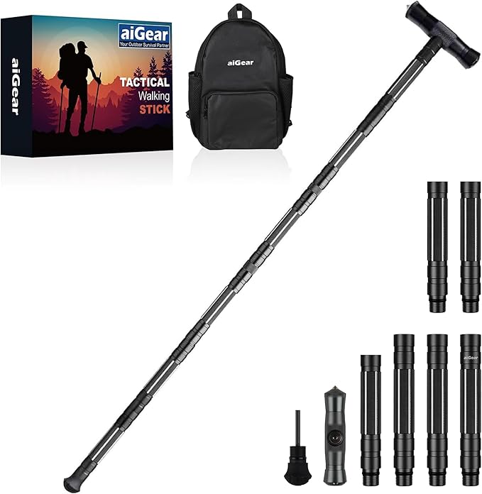 aiGear G2 Tactical Hiking Stick, Heavy-Duty 6-8 Section Adjustable Walking Staff for Men Women, Aerospace Aluminum Trekking Poles with Multi-Tool for Camping Wading Self Defense Overlanding