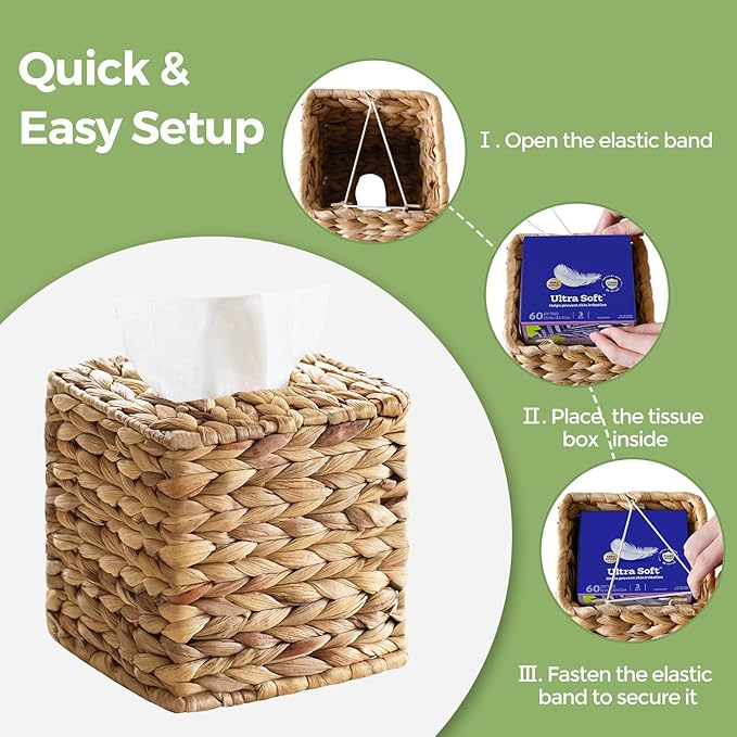 Tissue Box Cover, Square Wicker Tissue Box Holder Facial Tissues Boxes, Hand Woven Napkin Box Tissue Holder for Bathroom Bedroom Office Table Desk Night Stand, Boho Decorative, Natural