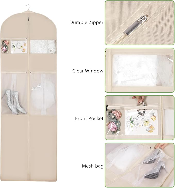 KEEGH Wedding Dress Garment Bag, 72” Tri-fold Bridal Dress Bags for Gowns, With Accessory Pockets and Adjustable Buckle Dress Cover for Wedding/Prom/Travel/Closet Storage (Beige)