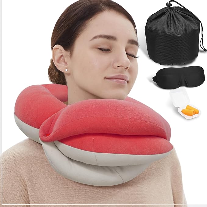 BUYUE Travel Neck Pillows for Airplanes, Memory Foam 360° Head Support Sleep for Long Flight, Skin-Friendly & Breathable, Kit with Eye Mask, Earplugs and Storage Bag (Adult, Pink, 90+ lbs)