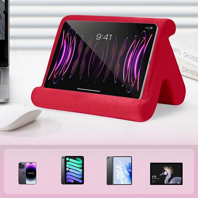 Universal Multi-Angle Tablet Stand Holder-Soft Pad Stand with black phone holder for Lap,Knee,Sofa and Bed,Compatible with iPad Pro 9.7,10.5,12.9 Air Mini 4 3,Kindle,Galaxy Tab,E-Reader (Wine Red)