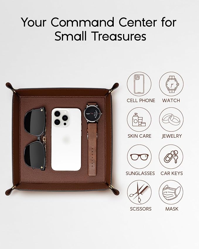 VLANDO Valet Tray for Men Women, Nightstand Organizer Vanity Catchall Holder for Dresser Desk Storage Bedside, Travel PU Leather Jewelry Key Bowl Coin Watches and Candy Entryway Tray - Large, Brown | Large PU leather tray for keys, wallet, watch, coins...