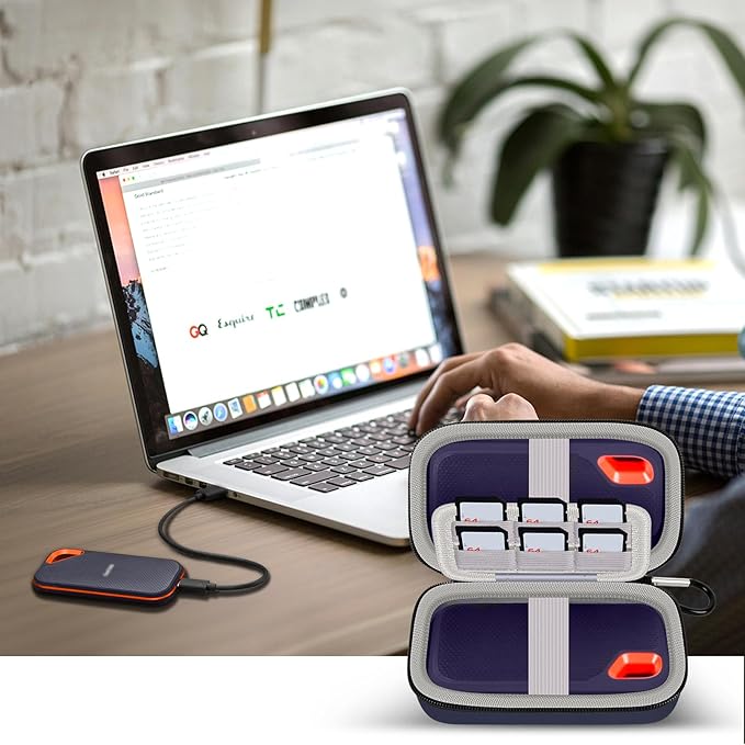 COMECASE Dual SSD Case for SanDisk Extreme Portable SSD & Extreme Pro, Hard Drive Storage Bag Fits 1TB 2TB 4TB 8TB External Solid State Drive, with 12 SD Card Slots, for Travel-Dark Blue (Box Only)