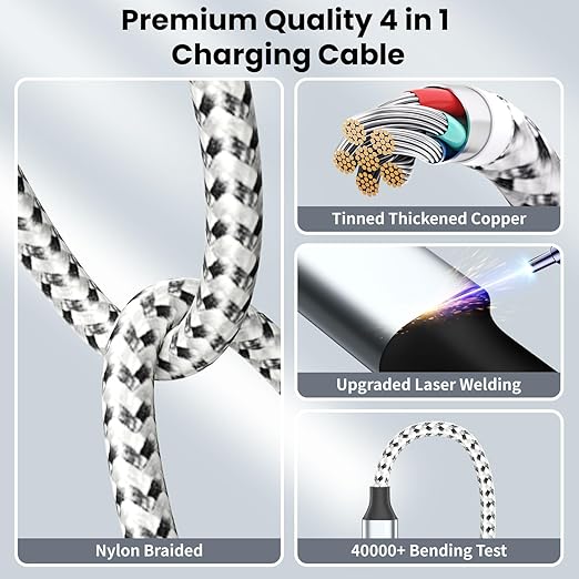 Travel Essentials 4in1 Multi Charging Cable for iPhone Watch Charger,USB A to Dual Type C/IP/iWatch Charger Travel Chargers for Multiple Devices Compatible with iWatch Series&iPhone 17-12 3Packs, 5FT