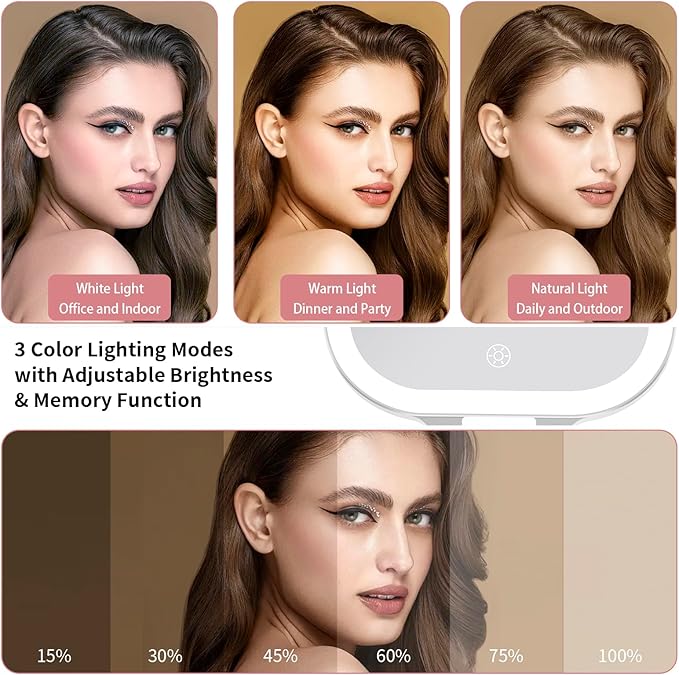 DESCHEN Travel Makeup Mirror with Lights, Rechargeable 1X/10X Magnifying Vanity Mirror, 7" Portable Lighted Makeup Mirror with Magnification & 3 Color Light, Dimmable Touch Screen, Folding LED Mirror