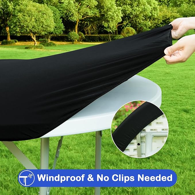 Wolkemer 2 Pack 5 Foot Black Fitted Tablecloth 60 Inch Round Elastic Edges Table Cloth, Spandex Stretch Table Cover with Machine Washable Fabric for Wedding Party Picnic Dining Indoor Outdoor