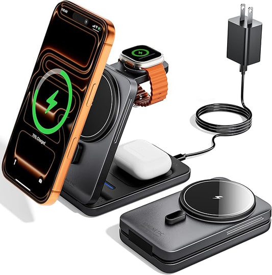 KPON Foldable 3in1 Charging Station for Magsafe, Travel Phone and Watch Charger for Apple, PD20W Wireless Charging Dock for Multiple Devices iPhone 17 16 15 14 13 12 Series/Apple Watch/Airpods