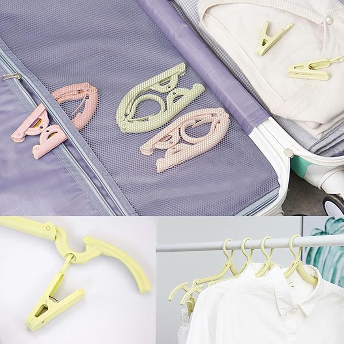 12 PCS Foldable Travel Hangers - Portable Plastic Hanger Set | 5 Colours Available Space-Saving Design | Suitable for Hotels, Camping, Holidays, Cruises | Includes Portable Clothesline