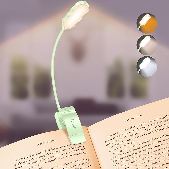 Gritin 16 LED Rechargeable Book Light for Reading in Bed- Eye Caring 3 Color Temperatures, Stepless Dimming Brightness, 80 Hrs Runtime, Lightweight Flexible Clip on Light for Book Lovers-Cyan
