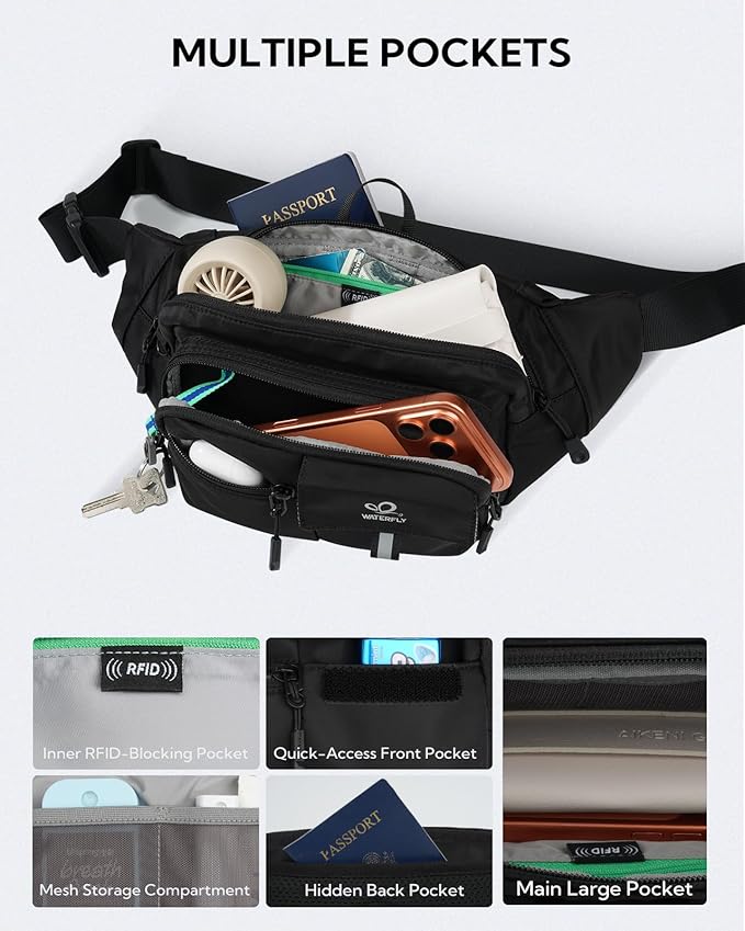 WATERFLY Fanny Pack Waist Bag: 3L Waist Pack with Anti-Theft RFID Blocking, 9 Pockets & Adjustable Belt Water Resistant Hip Pack for Women Men Travel Hiking Running