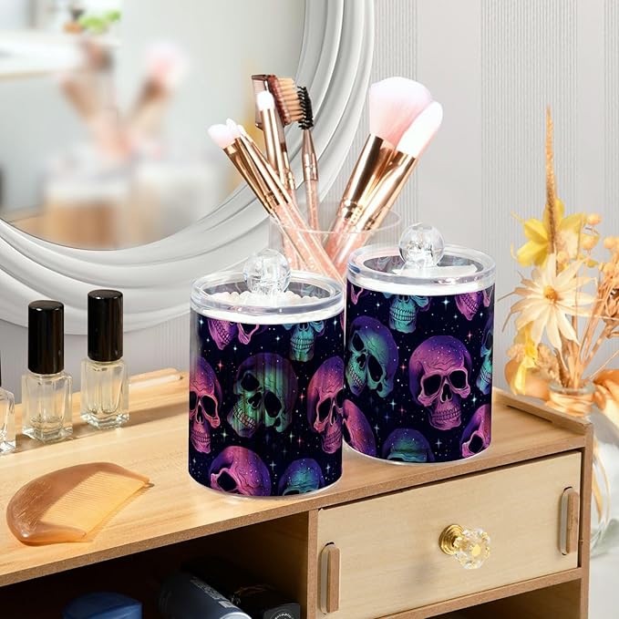 2 Pack Qtip Holder Organizer Dispenser Neon Skulls Bathroom Storage Canister Cotton Ball Holder Container for Cotton Pads/Swabs/Floss