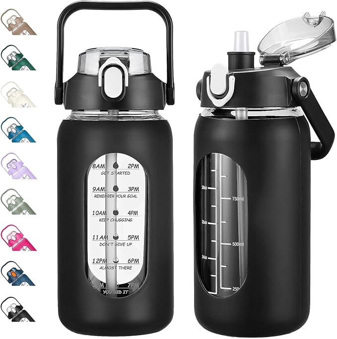 42oz Glass Water Bottles with Straw, Motivational Glass Bottle with Silicone Sleeve and Time Marker, Leakproof Large Glass Water Jug for Gym Home Office,Black