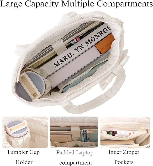 Puffer Tote Bag for Women, Quilted Bow Tote Bag with Cup Holder & 15.6 In Laptop Compartment for Work, Travel, Gym, College