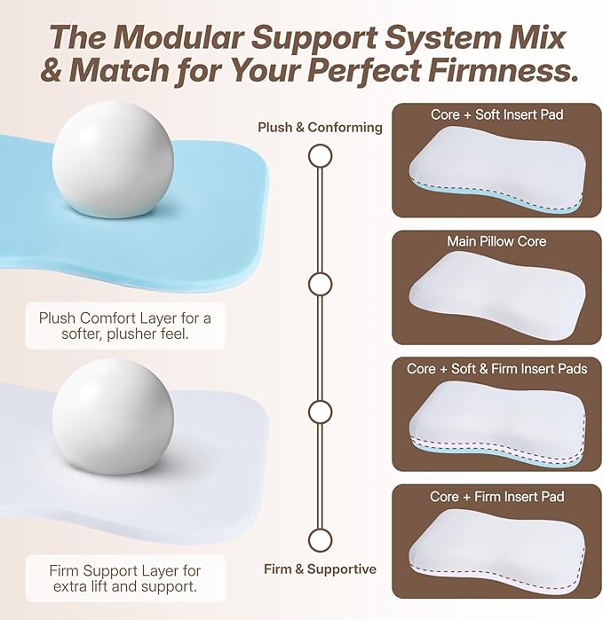 Cervical Neck Pillow for Neck Support, Adjustable Memory Foam Pillow with Customizable Height and Firmness for Side, Back, Stomach and CombSination Sleepers, White 1 pcs