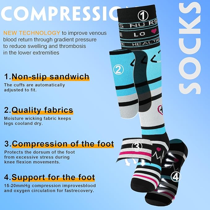 cerpite Compression Socks for Women & Men 6 Pairs Knee High Compression Socks 20-30 mmhg Best for Running,Nurse,Travel