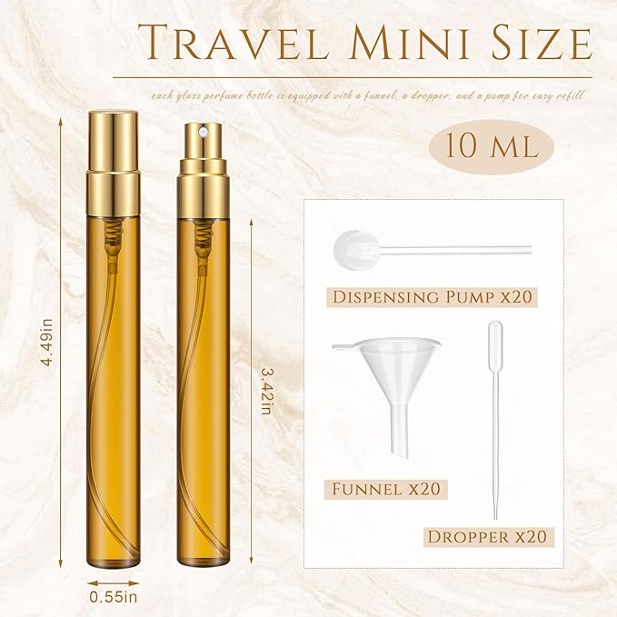 Domensi 60 Pcs 10ml Amber Glass Refillable Bottles for Essential Oils Aromatherapy Skincare, Refillable Fine Mist Atomizer Spray Bottle for Facial Mist, Serum, Travel DIY Perfume Use