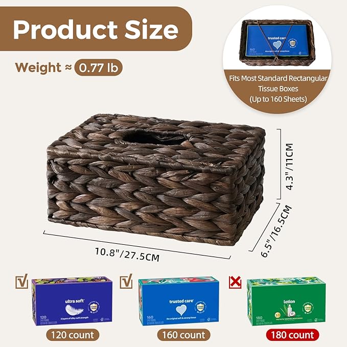 Rectangle Wicker Tissue Box Cover Fits 120-Count (3-Ply) / 160-Count (2-Ply) Boxes, Natural Rattan Woven Facial Tissue Holder, Decorative Tissue Box Holder for Bathroom, Brown