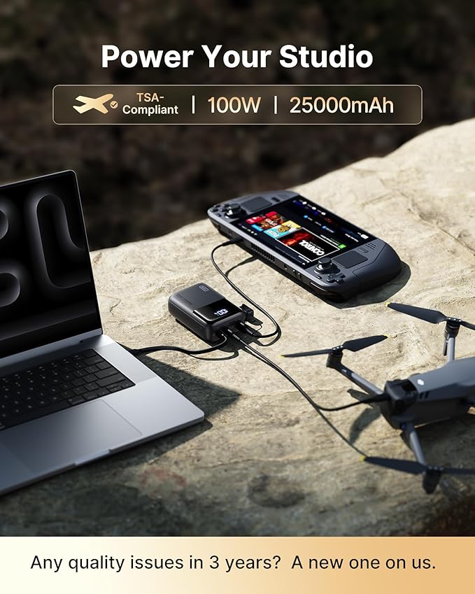 INIU 100W Fast Charging Power Bank, Smallest 25000mAh High Capacity Laptop Portable Charger, 3-Port Battery Phone Pack with Detachable USB C Cable for Flight-Safe Travel Camping, Metallic Black