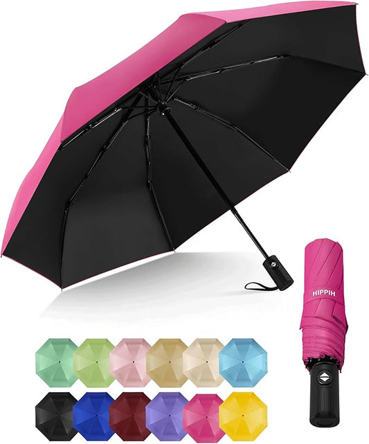 HIPPIH Compact Travel Umbrella for Rain - Windproof Automatic Umbrellas, UV Umbrella for Sun Protection with Black Anti-UV Coating, Portable Small Umbrellas for Backpack, Car, Walking, Kids, Women