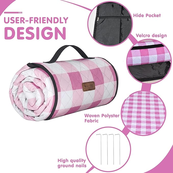 HX&OD Outdoor Picnic Blanket, Extra Large, 80''x60'' Waterproof Foldable Blankets Gingham Picnic Mat for Beach, Camping Grass Lawn Park Accessories Cute Couple Ideas Wedding (Pink, 80”x60”)