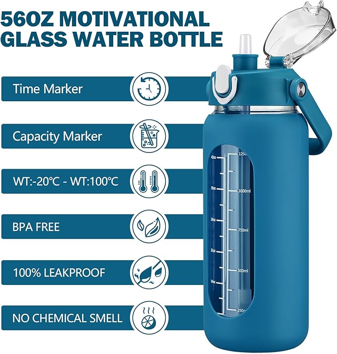 56oz Glass Water Bottles with Straw, Motivational Glass Bottle with Silicone Sleeve and Time Marker, Leakproof Large Glass Water Jug for Gym Home Office,Iron Blue