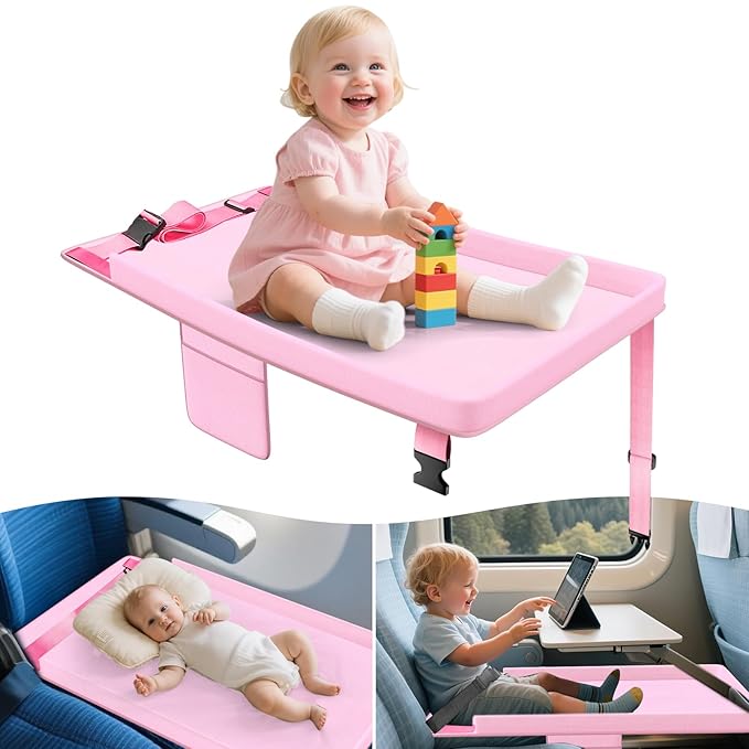 omzer Toddler Airplane Bed - Airplane Seat Extender for Kids - Barrier Designed Flyaway Kids Bed Airplane with Pockets - Portable Plane Bed Foot Rest for Flights Travel Essentials Pink