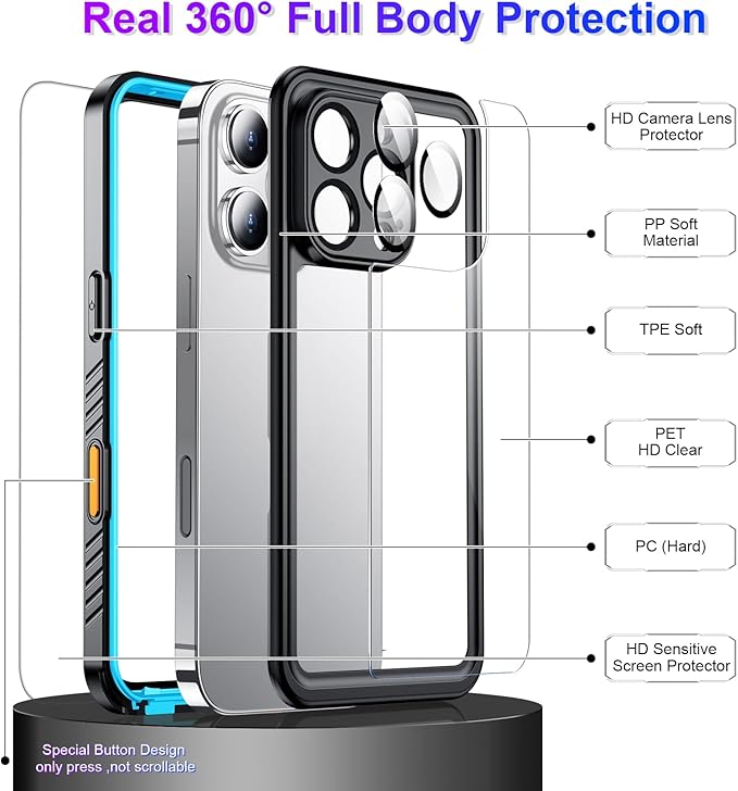 Compatible with iPhone 16 Pro Case Waterproof, Built-in Screen & Camera Protector IP68 Underwater Full Body 16FT Military Dropproof Shockproof Phone Case 6.3"-Blue/Clear
